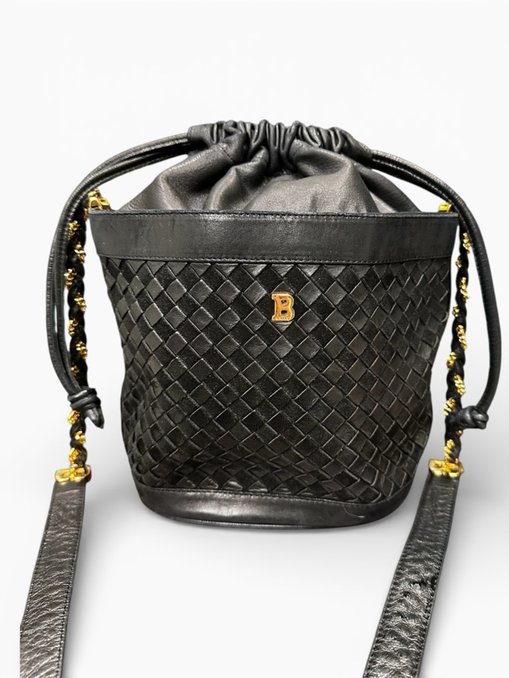 Vintage Bally Black Woven Lambskin Bucket Bag | Mid-1980s | Braided Chain Strap - Picture 1 of 15